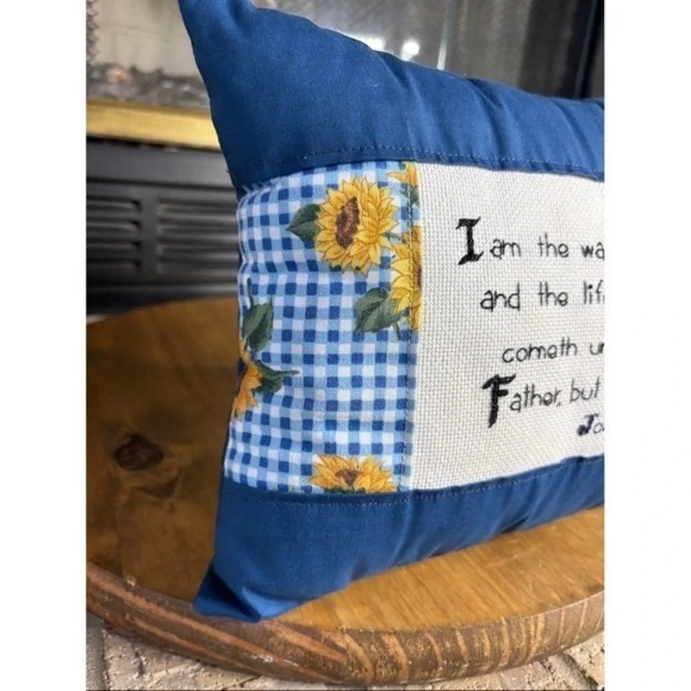 Handmade‎ Cross Stitch Scripture John 14:6 Accent Pillow w/Sunflowers Blue NWOT